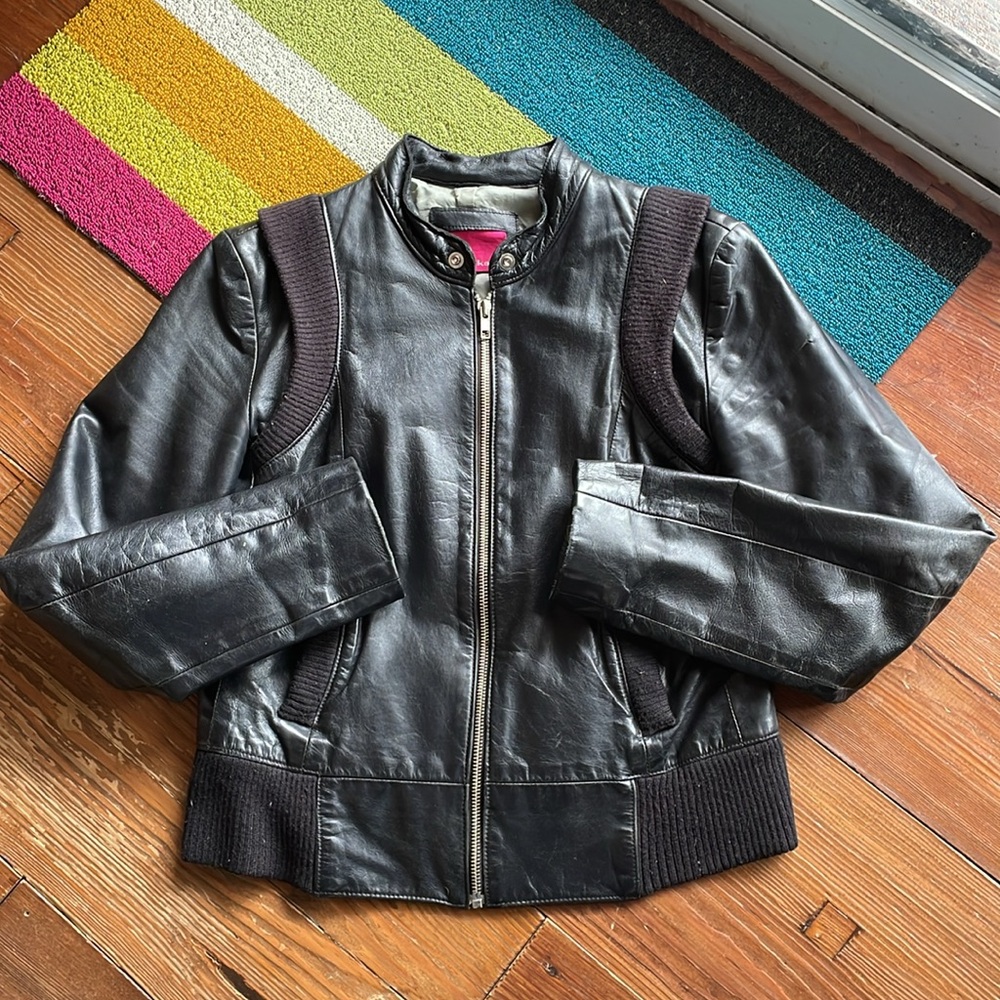 🇨🇦 MACKAGE Vintage Leather Bomber Jacket with Wool Accents Black X-Small Pockets